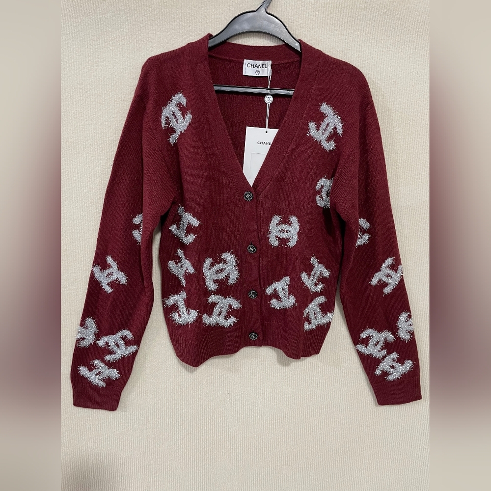 Chanel wool cc logos Burgundy Cardigan Sweater